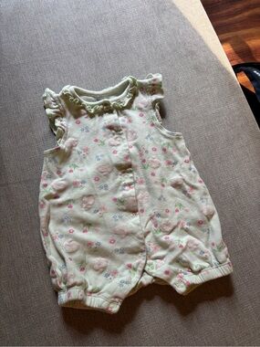 Little Me green Romper with Pink Floral and bunny Print